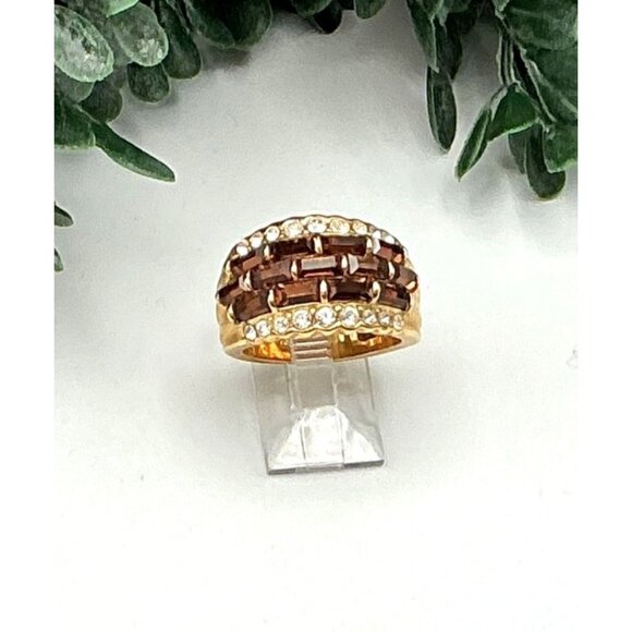 Vintage Style Gold-Tone Band Ring With Brown & Clear Rhinestones - Picture 1 of 8